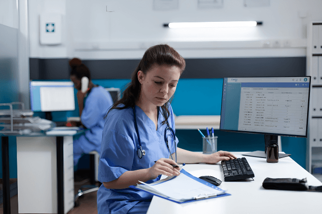 female doctor reading files